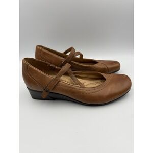 Earth Buttonbush Almond Brown Leather Mary Jane Wedge Shoes Womens Size 8.5 B